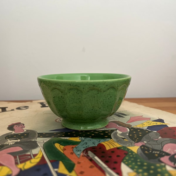 A cute Moulin des Loups Orchies pea green speckled small bowl for trinkets, olives, nuts
