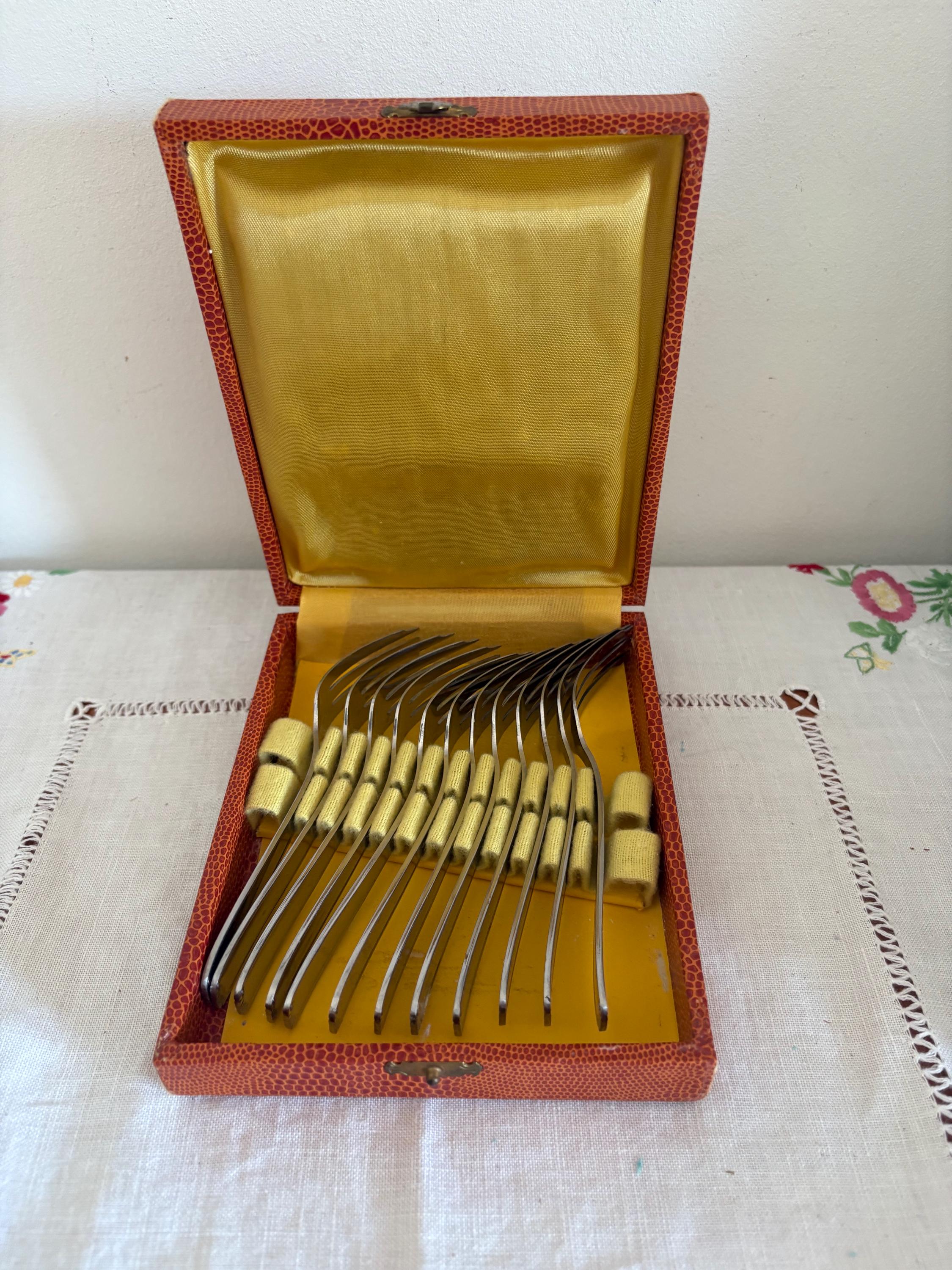 Vintage French original boxed set of twelve  stainless steel pastry cake forks