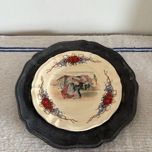 An usual Obernai Sarreguemines plate set in a pewter metal  wall hanging rim