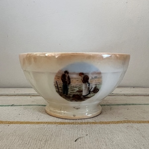 A  very pretty French antique PNO porcelain coffee cafe au lait bowl with a  harvest, farming scene