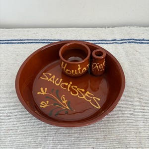 A French terracotta &#39; Saucisses,  Moutarde, Piques&quot; dish, perfect for cocktail sausages and a place for cocktail sticks & mustard