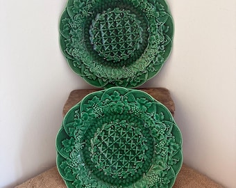 A pair of  vintage Wedgwood stamped early 20th century Majolica green vine leaf plates, 8.75" diameter