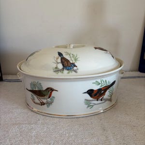 A lovely L Lourioux  ' Le Faune' French porcelain lidded terrine  with bird  decor and gold detailing to the rim and handle