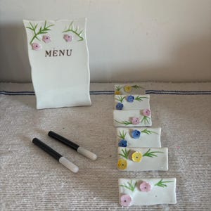 Beautiful vintage  porcelain re-useable menu card and  Japan  bone china place names with pretty floral design