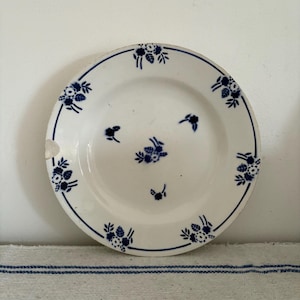 A French antique Saint Amand blue and white 9.25&quot; ironstone shallow bowl  plate ( chipped)