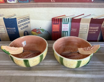 A beautiful pair of French of painted glazed ceramic bowls with a  canteloupe melon design and matching spoons