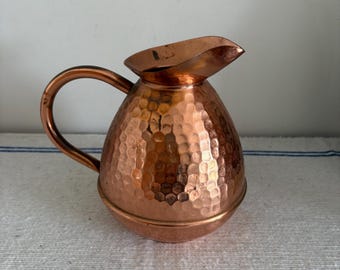 A beautiful condition medium  sized  French antique J Chesnais Villedieu  hammered copper decorative jug, pitcher