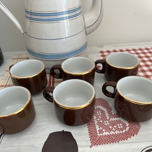 Rétro traditional French Vintage set of six cafe brown and gold porcelain Espresso Cafe Crème size cups
