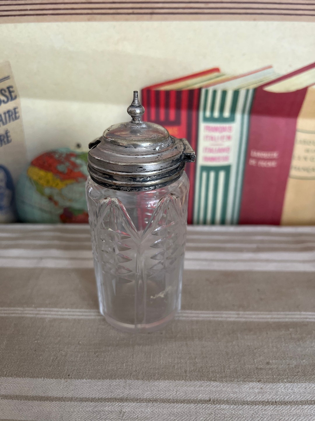 A Vintage Cut Glass Condiment Bottle With Cut Out for Spoon and Hinged