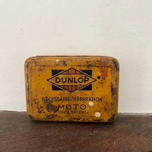 An original very old 1930s French antique Dunlop tin with hinged   lid - Nécessaire Reparation Moto - Code Sayem
