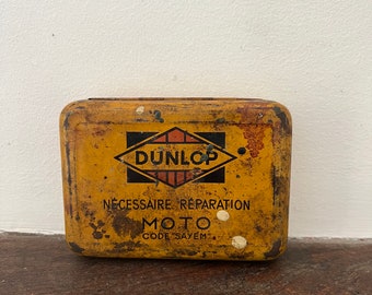 An original very old 1930s French antique Dunlop tin with hinged   lid - Nécessaire Reparation Moto - Code Sayem