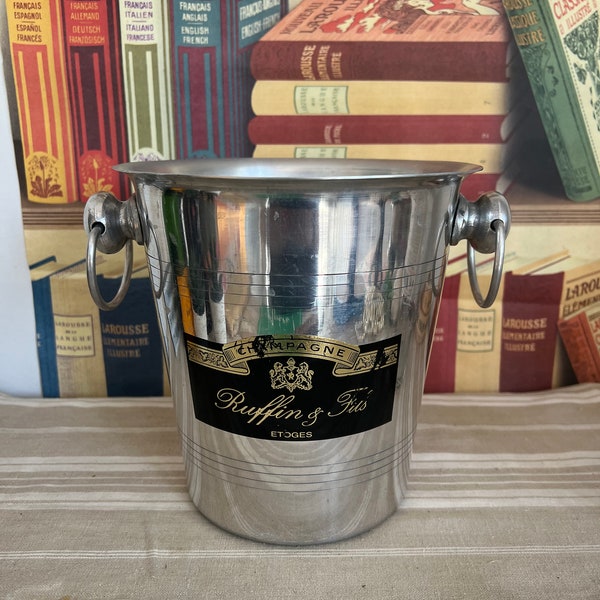 Large Vintage French Ruffin & Fils Etoges branded aluminium champagne ice bucket with two handles