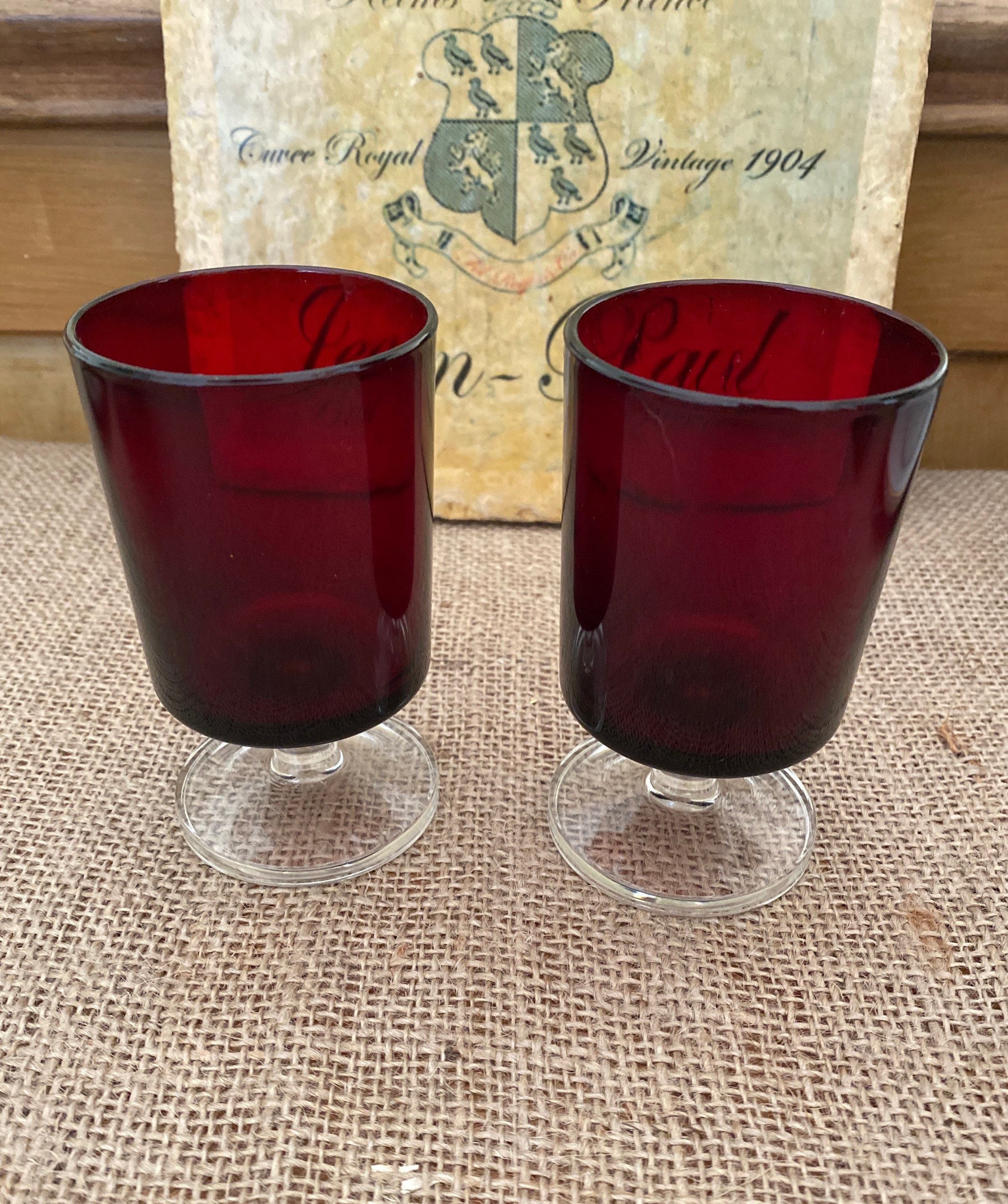 A Pair of Vintage French Red Glasses With Clear Stems Etsy