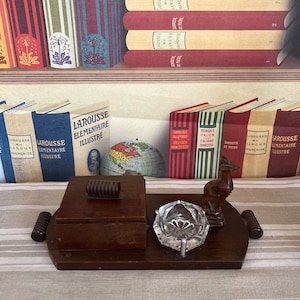 Original French Vintage  brown table tray with  lidded box, deer carving and glass salt pot