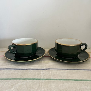 Exquisite French Vintage Apilco Set of two large size cappucino cups and saucers made from dark green porcelain with gold trim with logo