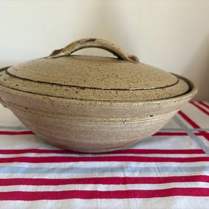 Puede incluir: Una fuente de cerámica beige con tapa. La fuente tiene forma redondeada con un asa en la tapa y dos asas en los laterales. La fuente está sobre un mantel a rayas rojas y blancas.