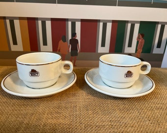 Exquis Français vintage Master Blend Apilco Set de deux tasses et soucoupes en porcelaine blanche avec garniture dorée