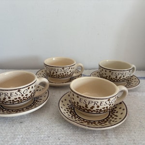 Rétro traditional French Vintage Set of four cafe bistro brown china small size Espresso Cafe Crème size cups and saucers
