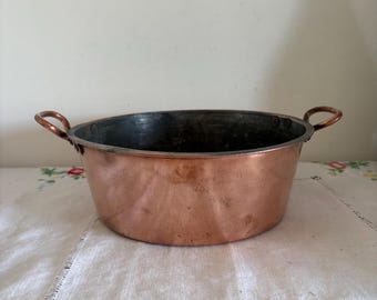 A beautiful French 9" diameter antique medium sized  copper jam pan, bowl,  planter with brass handles