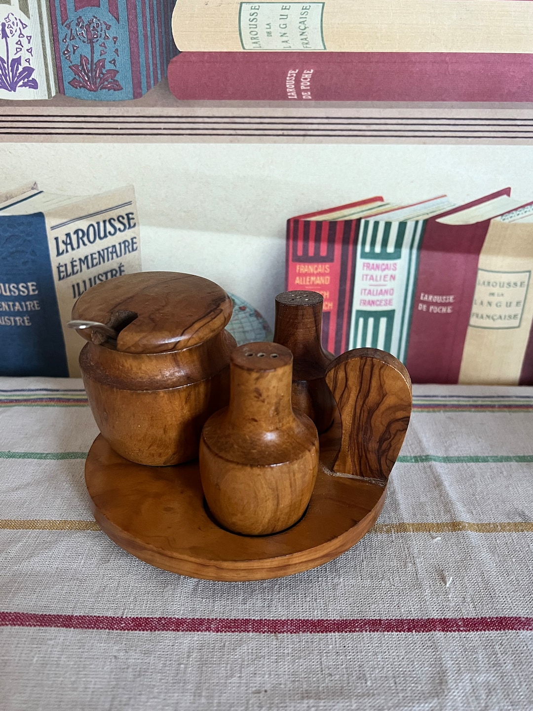 A Retro Wooden Cruet Set With Salt and Pepper and Mustard Pot Etsy