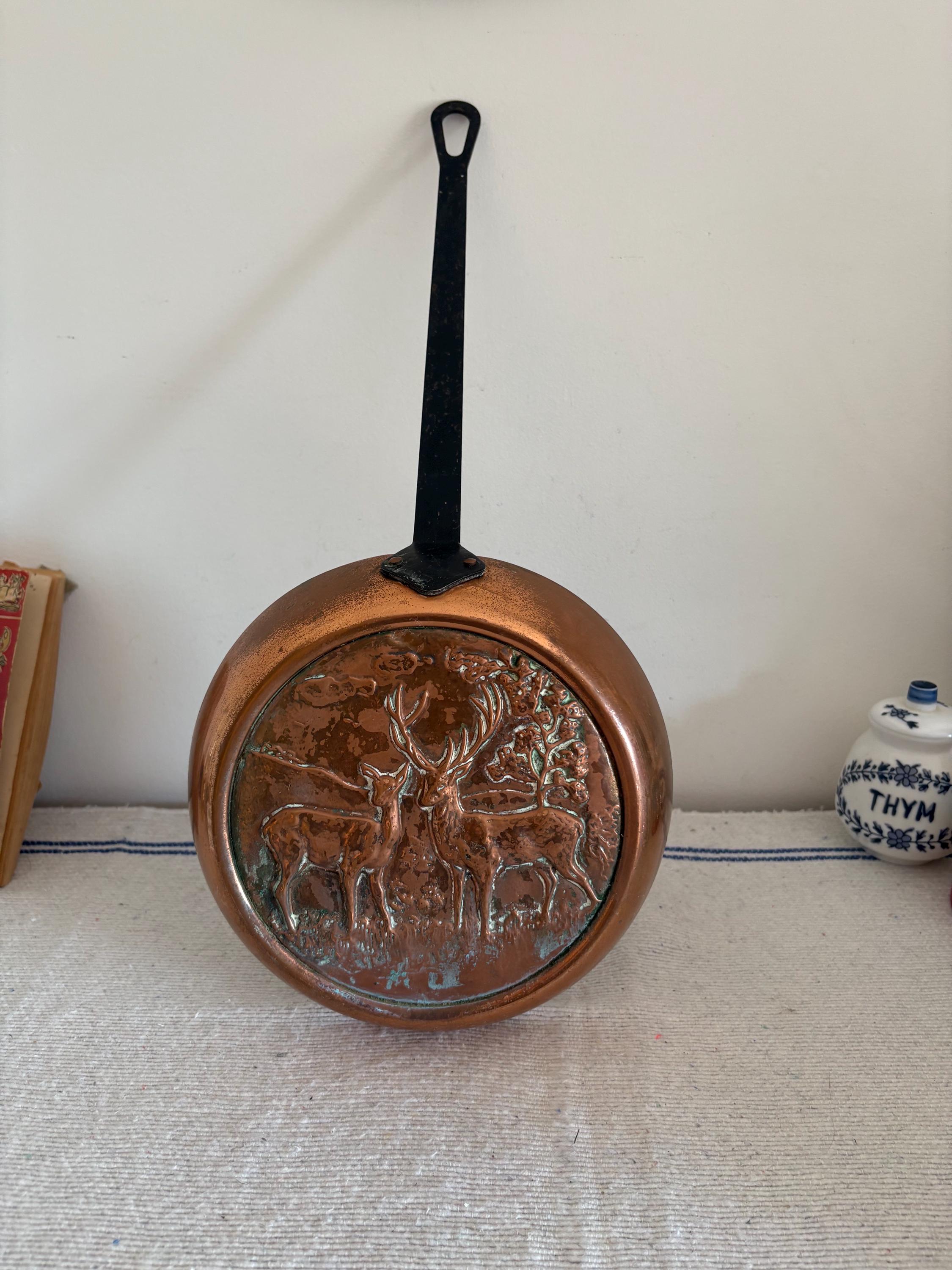 A Fabulous French Vintage Stag, Mountains Design Copper Frying Pan