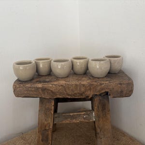 May include: A set of six small, round, light beige ceramic cups with a smooth, glossy finish. The cups are arranged in a horizontal row, each featuring a simple, open-top design with a slightly curved body and a flat base for stability.