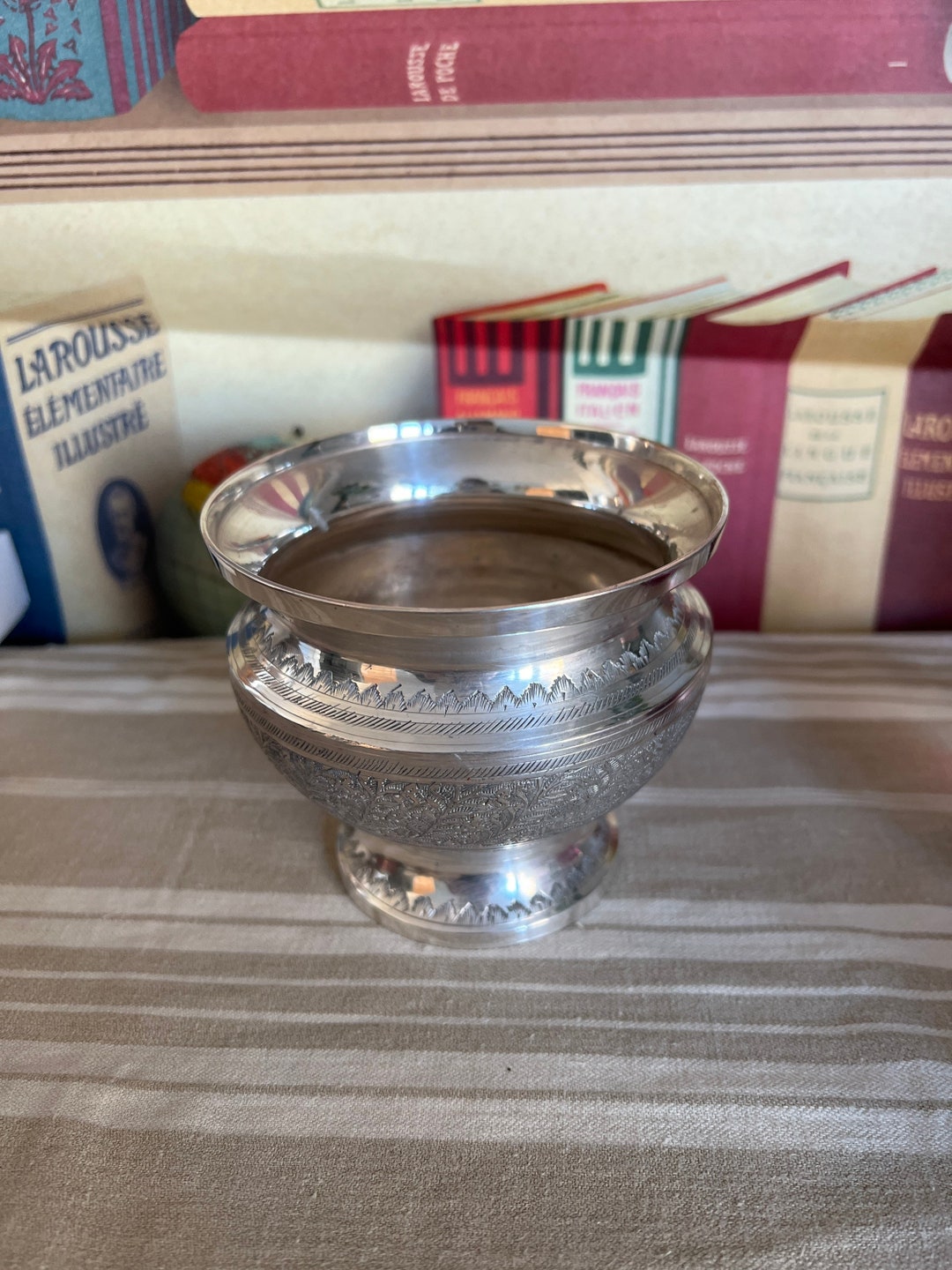 An Ornate Round Antique Indian Silver Bowl, Dish, Planter, Candle Stand