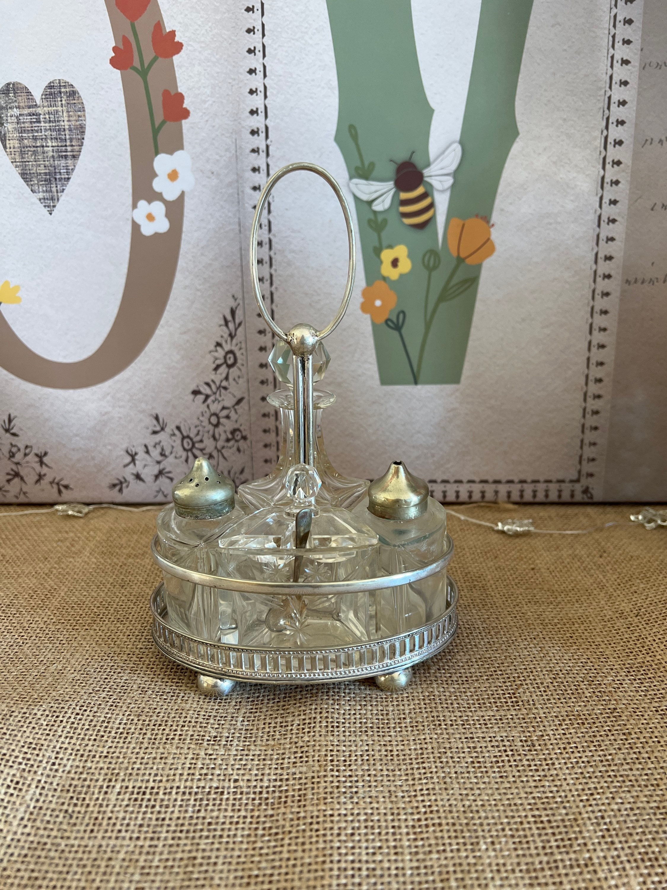 A Charming Antique Crystal Condiment Set in A Silver Plated 596 Epns Stand With Handle