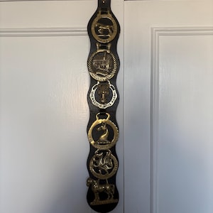 May include: A vertical black leather strap featuring a metal buckle at the top and six circular brass horse brasses attached in a row. Each brass piece displays unique embossed designs, including horses, a building, and text inscriptions.