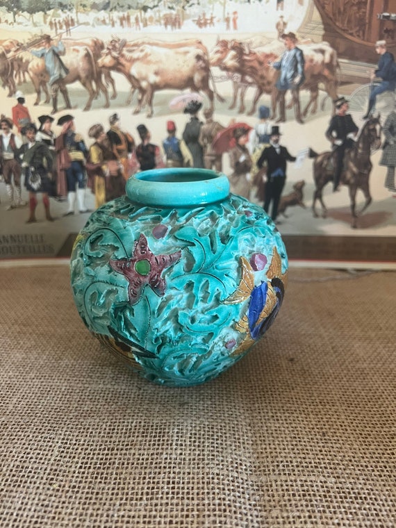 魚のモチーフ 陶器花瓶.壺 ヴィンテージ セラート モナコ フランス陶器 花瓶 魚 水生