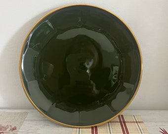 Exquisite French Vintage original Apilco Large 9.5"/  24 cm plate made from dark green porcelain with gold trim