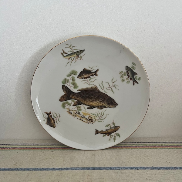 A  delightful retro 1955 Schumann Arzberg Bavaria Foreign 8" diameter  porcelain fish plate with gold rim