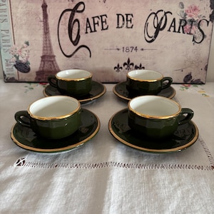 A very rare French Vintage Apilco stamped Set of four small size Espresso cups  and saucers from dark green porcelain & excellent gold trim