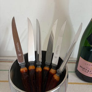 May include: A set of six stainless steel knives with brown and orange antler handles, displayed in a silver bowl. The blades are shiny and the handles have a natural, rustic appearance. A bottle of champagne is partially visible in the background.