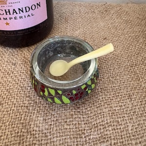 A vintage  Soviet-era salt cellar, caviar dish & spoon, copper-nickel Melchior . Intricate cloisonné-hot enamel  green,red foliage motifs