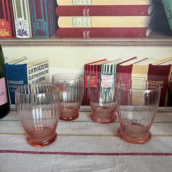 A gorgeous set of four French vintage Rosaline   pinky peach  ribbed  swirl  glasses