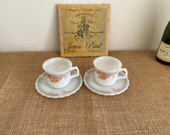 A perfect original 1950s vintage  Arcopal Harlequin set of two coffee tea cups and saucers in milky white