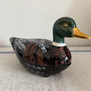 French  vintage  Michel Caugant style  Duck design green two piece lidded terrine pot