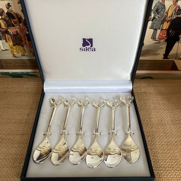 Gorgeous boxed  set of  Vintage Silea  silver plated  coffee  spoon set with cut glass bauble tips and leaves to the handles