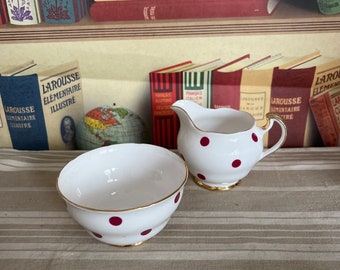 Royal Vale red polka dot bone china duo of creamer and sugar bowl from the glorious 1960s