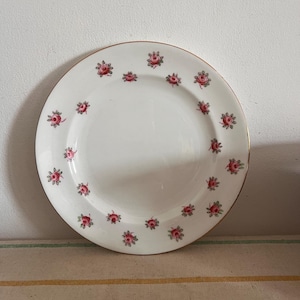 Puede incluir: Un plato de cerámica blanco con un borde dorado y un patrón de rosas rosas alrededor del borde.