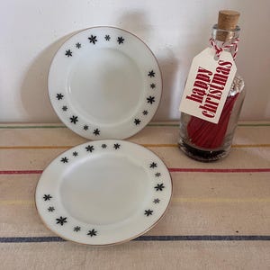 A set of two  Pyrex JAJ Snowflake design 6.5&quot; diameter gold rimmed side tea  plates
