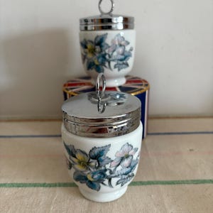 An immaculate  pair of unusual  Royal Worcester Woodland Flowers pastel floral design bone china egg coddlers