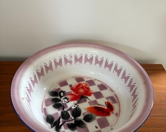 An unusual design antique 14" diameter vintage Swallow brand 1950's enamel  decorative washing bowl