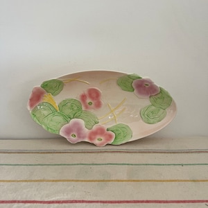 Ein schönes vielseitiges vielseitiges Pastellrosa und -grün handgemaltes ovales Avon Ware Schmuckstück, Schmuck, Obst, Kuchenteller