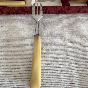 A French vintage Art Deco 1930s  boxed set of  112  Inox stainless steel pastry, cake  forks with beige bakelite, horn, bone handles