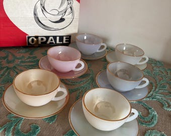 A perfect original 1950s vintage   Arcopal Harlequin tea  set comprising six  8.5 cm diameter size cups and saucers with original box