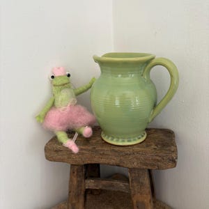 Signed G Burton Studio Pottery 5.5" tall Pitcher, jug : Mid-Century lime Green Glaze and Pie Crust Base