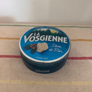 A very cute original French  La Vosgienne  Seve de PinSuc  Des Vosges turquoise metal   tin