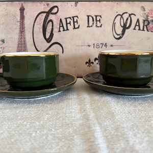 Exquisite French Vintage Apilco Set of two large size cappucino cups and saucers made from dark green porcelain with gold trim with logo